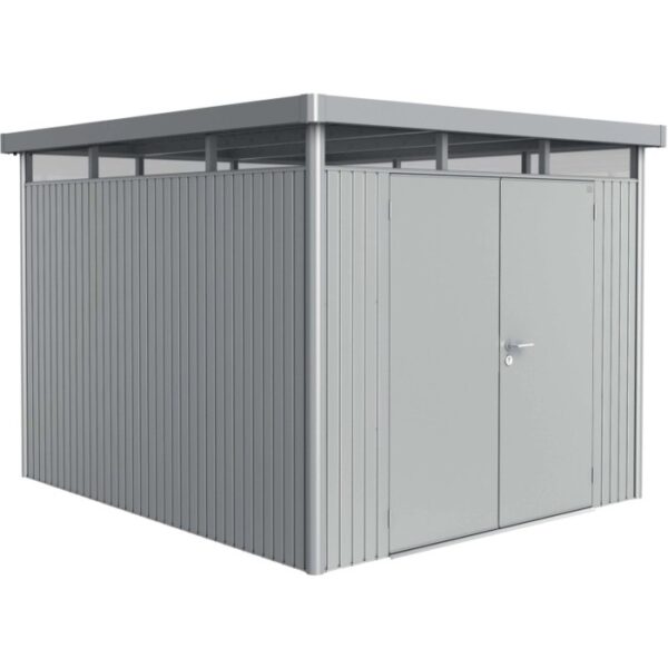 Casetta da giardino in metallo Biohort HighLine, 7,6 m², argento metallizzato con doppia porta.