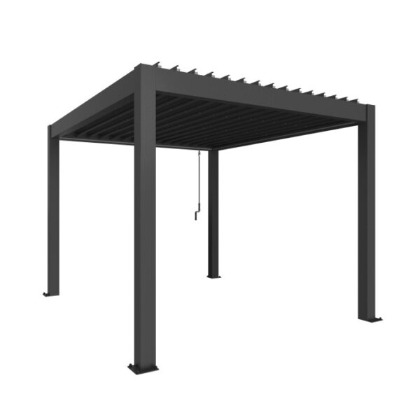 Pergola Biohort grigio scuro metallizzato con lamelle regolabili e scarico pioggia integrato.