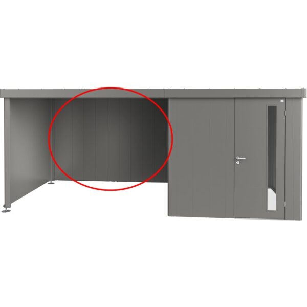 Pannello posteriore Biohort per tettoia laterale Neo in grigio quarzo metallizzato. Accessorio per casetta da giardino.