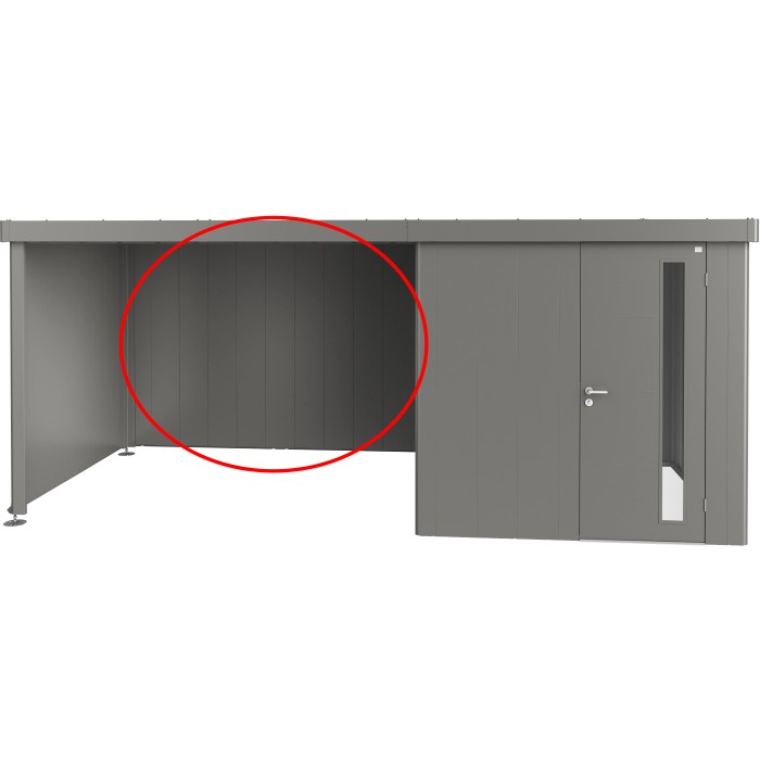 Pannello posteriore Biohort per tettoia laterale Neo in grigio quarzo metallizzato. Accessorio per casetta da giardino.