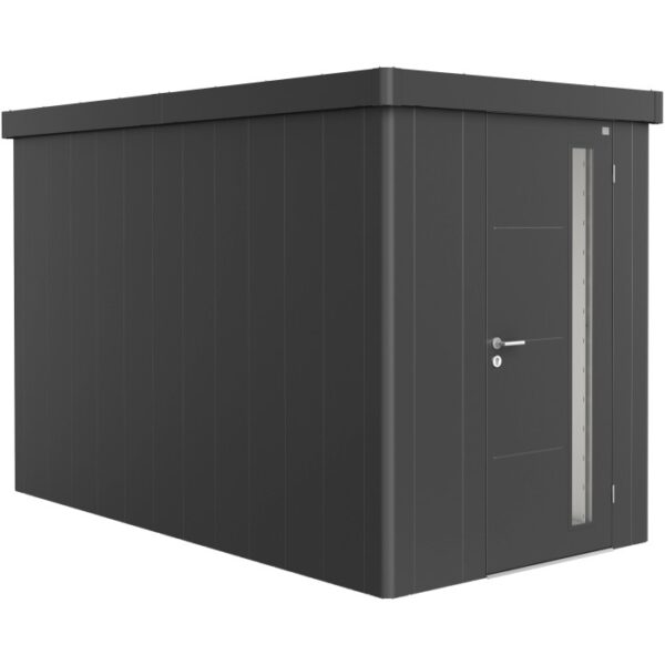 Casetta da giardino Biohort Neo 4A in grigio scuro metallizzato con porta e finestra.