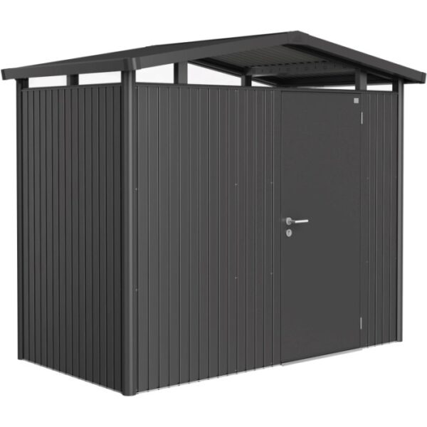 Casetta da giardino in metallo Biohort Panorama, grigio scuro, 3,5 m² con porta.