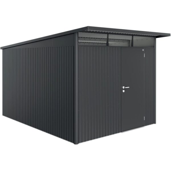 Moderna casetta da giardino in metallo antracite con porta e tetto piatto.