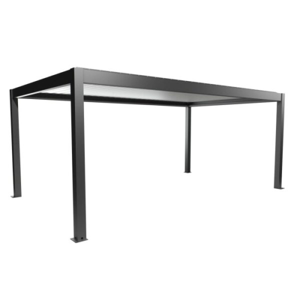 Pergola Biohort 6x3,5m in grigio scuro-argento, una moderna copertura per patio con lamelle.