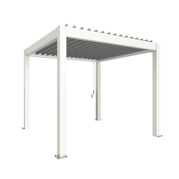 Pergola Biohort 3x3 m bianco-argento: Copertura moderna per patio con lamelle regolabili.