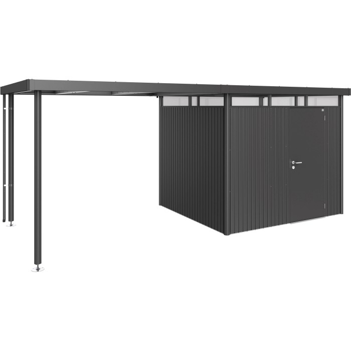 Tettoia laterale Biohort taglia L, grigio scuro metallizzato, per casetta da giardino HighLine H3. Spazio di stoccaggio aggiuntivo coperto.