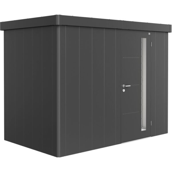 Casetta da giardino Biohort Neo 1C in grigio scuro metallizzato con porta standard e finestra.