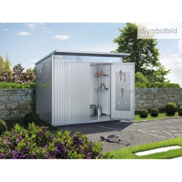 Casetta da giardino in metallo Biohort AvantGarde ECO A8 in argento metallizzato con porta standard aperta.