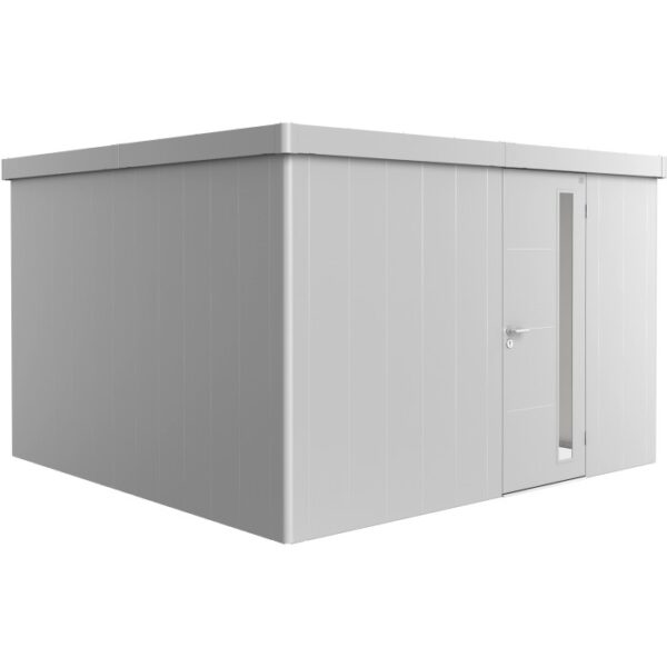 Casetta da giardino Biohort Neo 4D in metallo argentato con porta standard. Moderna casetta per il giardino.