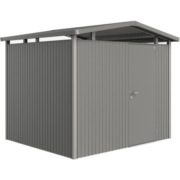 Casetta da giardino in metallo Biohort Panorama, grigio quarzo, 5,6 m² con porta. Casette da giardino per esterni.