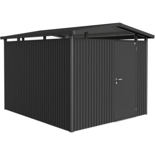 Casetta da giardino in metallo Biohort Panorama, grigio scuro, 7,6 m² con porta.