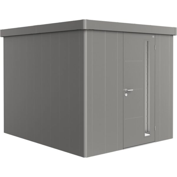 Casetta da giardino Biohort Neo 3B in grigio quarzo metallizzato con porta standard.