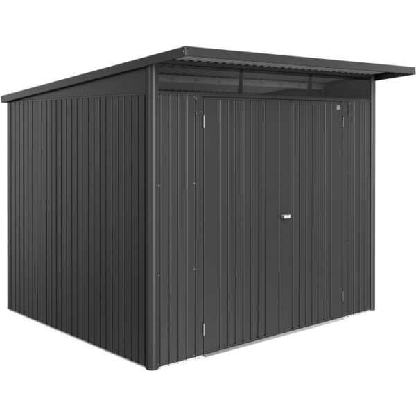 Casetta da giardino in metallo Biohort AvantGarde ECO A6, grigio scuro metallizzato, con doppia porta.