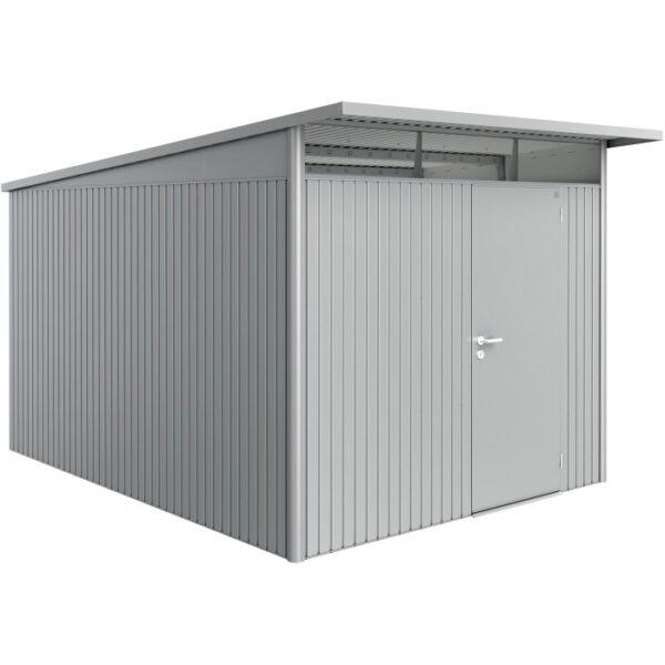 Casetta da giardino in metallo grigio t.b.t. con porta e tetto piatto.