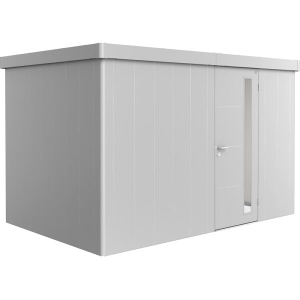 Moderno capanno da giardino Biohort Neo 2D color argento con porta standard. Ideale per riporre gli oggetti in giardino.