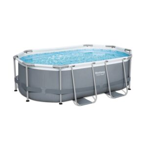 Piscina fuori terra ovale Bestway, telo grigio, struttura in acciaio e scaletta.