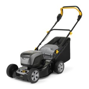 Tagliaerba a batteria t.b.t. nero e grigio con dettagli gialli.