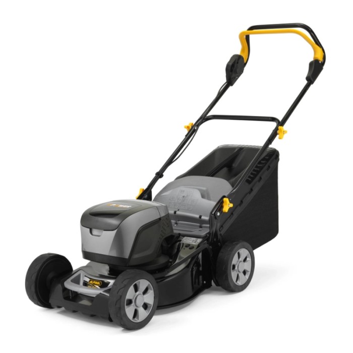 Tagliaerba a batteria t.b.t. nero e grigio con dettagli gialli.