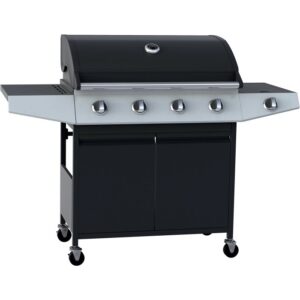 Barbecue a gas t.b.t. nero con quattro bruciatori e mobiletto.