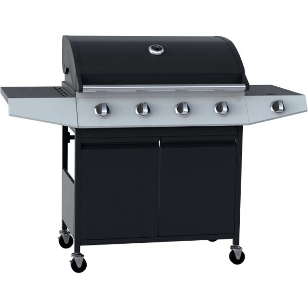 Barbecue a gas t.b.t. nero con quattro bruciatori e mobiletto.