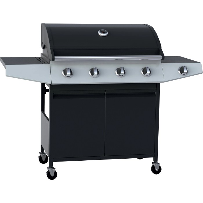 Barbecue a gas t.b.t. nero con quattro bruciatori e mobiletto.
