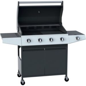 Barbecue a gas t.b.t. con quattro bruciatori, ripiani e mobile base.