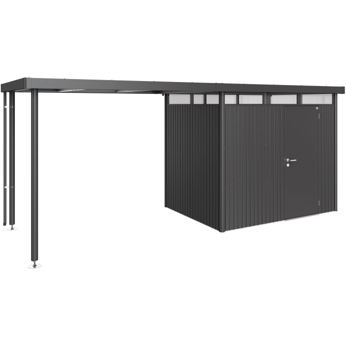 Tettoia laterale Biohort taglia L, grigio scuro metallizzato, per casetta da giardino HighLine H2. Spazio di stoccaggio aggiuntivo coperto.