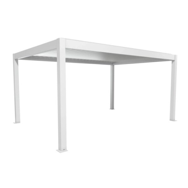 Pergola Biohort 5 x 3,5 m bianco-argento, copertura moderna per terrazzi con tetto a lamelle.