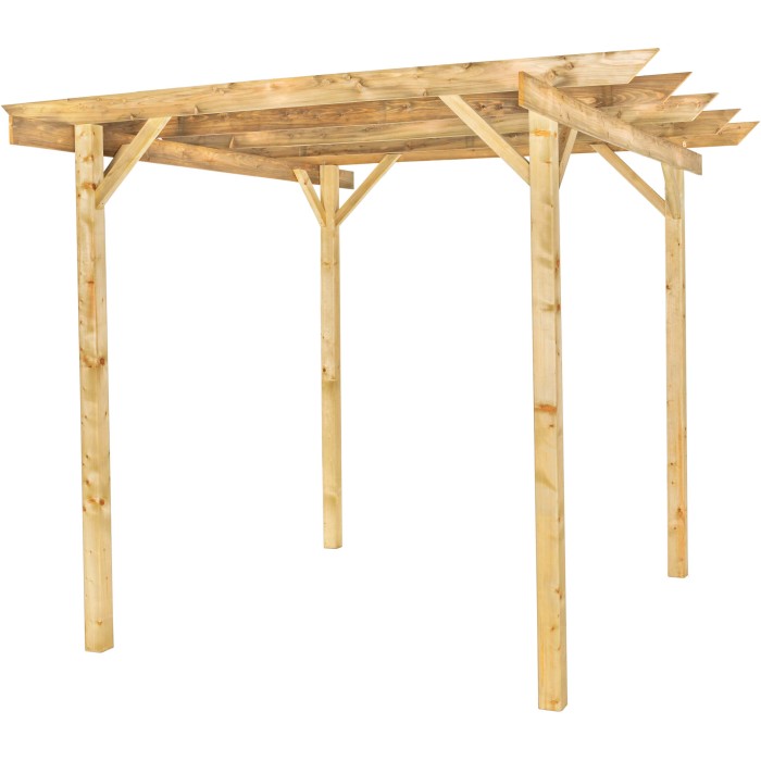 Carport/Tettoie per auto in legno con quattro pali e struttura del tetto.