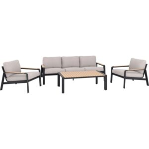Set lounge Branford 4 pezzi antracite-beige con struttura in alluminio-acciaio ed elementi in legno.