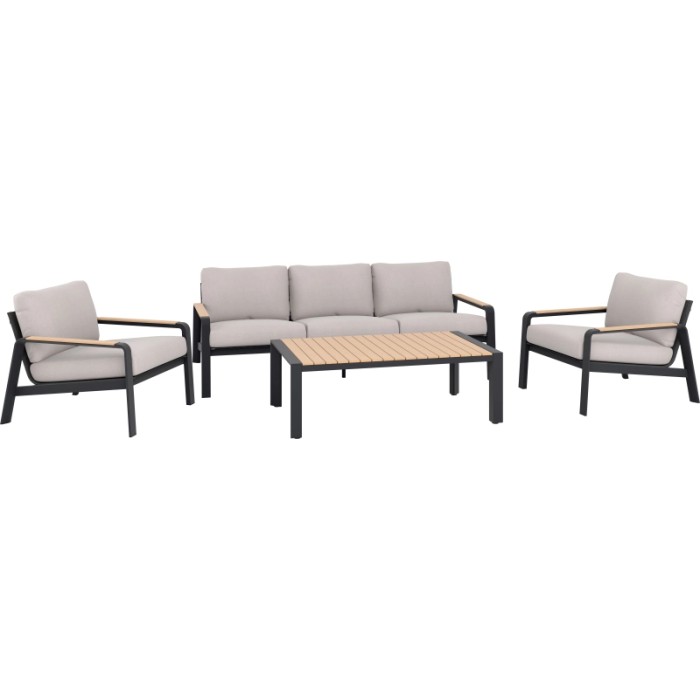 Set lounge Branford 4 pezzi antracite-beige con struttura in alluminio-acciaio ed elementi in legno.