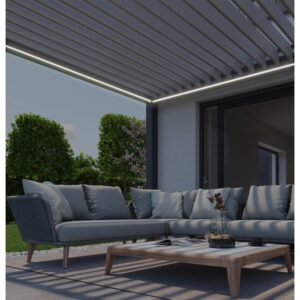 Illuminazione LED Biohort su pergola, luce bianca calda, illuminazione d'atmosfera per patio.