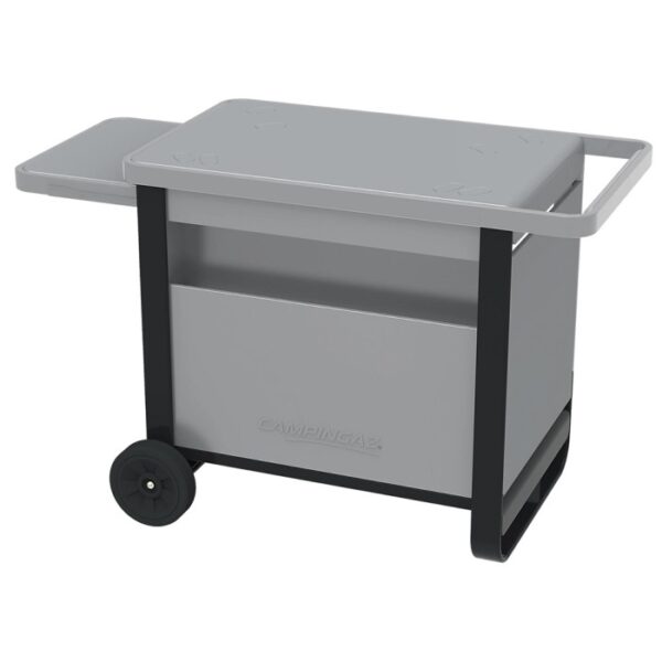 Carrello Campingaz Deluxe per grill a gas con ruote e piano laterale.