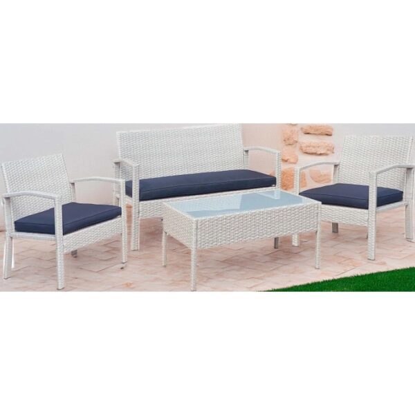 Set di mobili da giardino bianco con tavolo, divanetto e due sedie con cuscini blu.