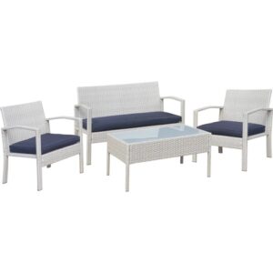 Set di mobili da giardino bianchi con divano, due poltrone e tavolo con piano in vetro.