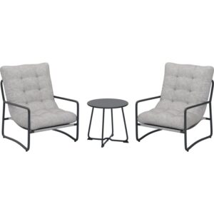 Set balcone Patterson 3 pezzi: 2 poltrone con cuscini, 1 tavolo. Struttura in acciaio, rivestimento in tessuto beige, piano tavolo in acciaio.