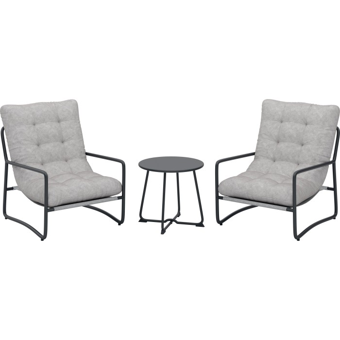 Set balcone Patterson 3 pezzi: 2 poltrone con cuscini, 1 tavolo. Struttura in acciaio, rivestimento in tessuto beige, piano tavolo in acciaio.