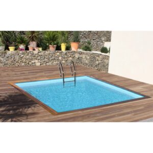 Piscina quadrata Gre in vero legno City (225x225x68 cm) con scaletta su terrazza in legno.
