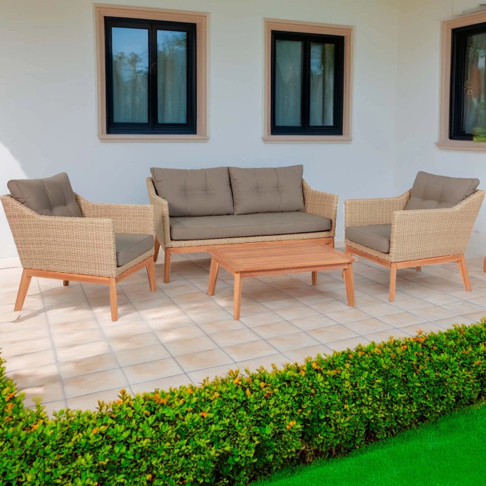 Set di mobili da giardino t.b.t. con divano, poltrone e tavolo in rattan e legno.