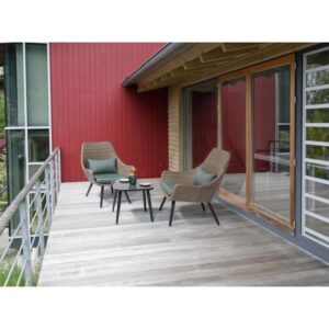 Set di mobili da balcone Aliceville a 3 pezzi in polyrattan verde-grigio con tavolo e sedie.