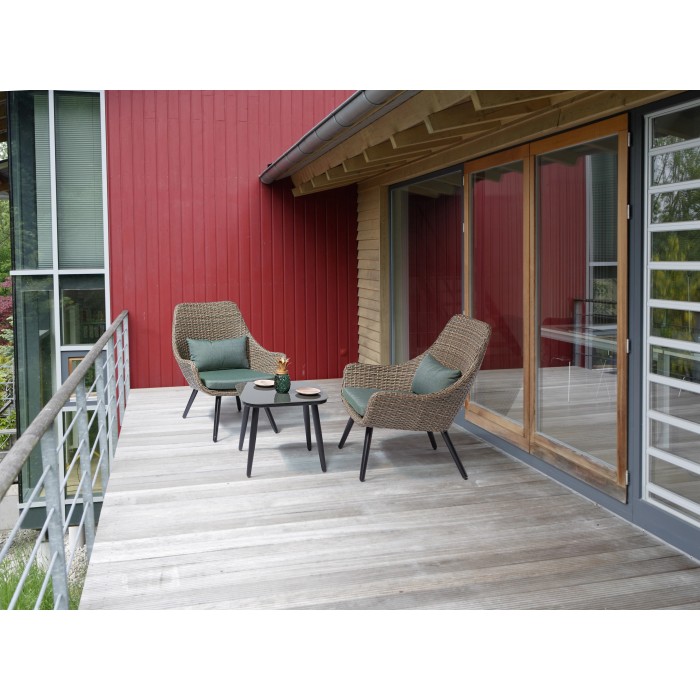 Set di mobili da balcone Aliceville a 3 pezzi in polyrattan verde-grigio con tavolo e sedie.