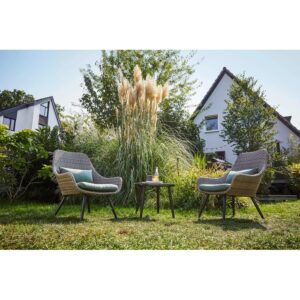 Set di mobili da balcone Aliceville a 3 pezzi in polyrattan verde-grigio con tavolo e sedie.