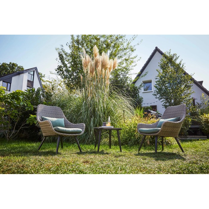 Set di mobili da balcone Aliceville a 3 pezzi in polyrattan verde-grigio con tavolo e sedie.