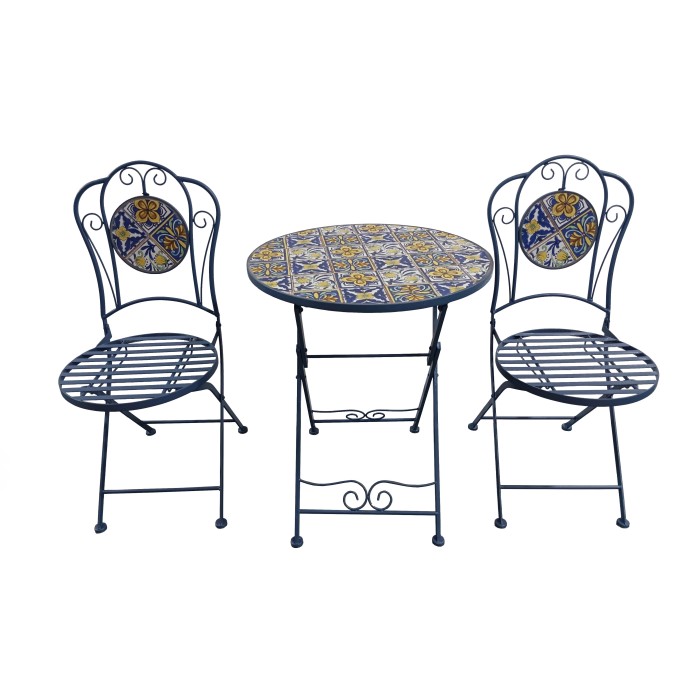 Set mobili da balcone t.b.t. con tavolo e due sedie, blu con motivo a piastrelle.