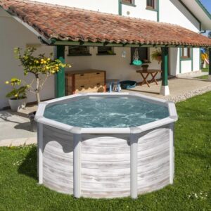 Piscina rotonda Gre Finlandia con Nordicoptik in Nordic White, Ø 240 cm x 120 cm in giardino.