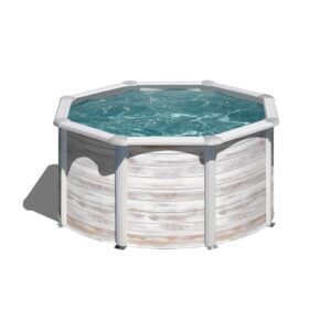 Piscina rotonda Gre Finlandia con look nordico, Ø 240 cm, bianco nordico. Piscina con pareti in acciaio e decoro legno.