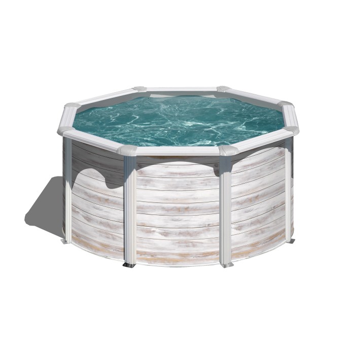 Piscina rotonda Gre Finlandia con look nordico, Ø 240 cm, bianco nordico. Piscina con pareti in acciaio e decoro legno.