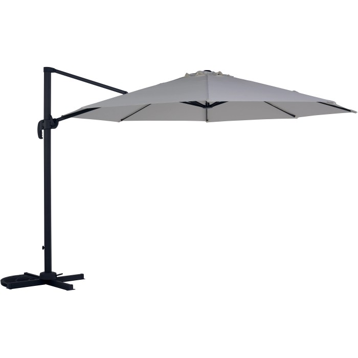 Ombrellone a braccio Ecru Mendota, Ø 340 cm, con manovella e base girevole per ombreggiatura flessibile.