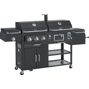 Barbecue a gas t.b.t. nero con ripiani e mobile base per il giardino.