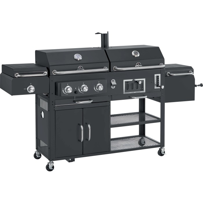 Barbecue a gas t.b.t. nero con ripiani e mobile base per il giardino.